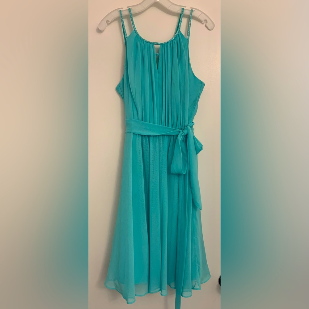 Turquoise dress; Sleeveless; Beaded straps, elastic waist; Size14